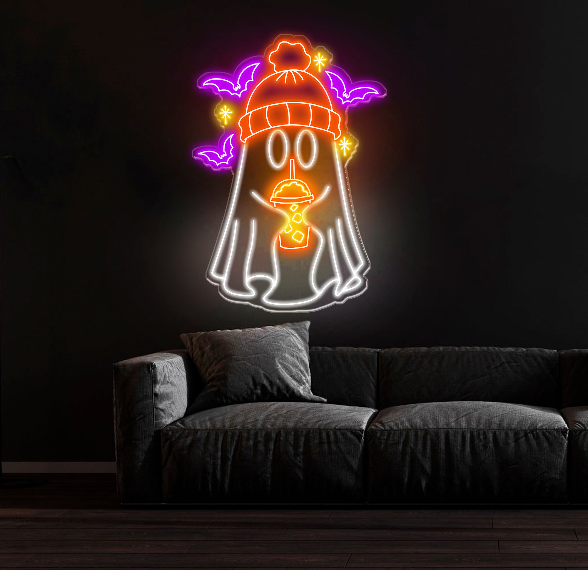 Ghost Coffee Neon Sign, Spooky Boo Sign, Ghost with Coffee LED Light, Spooky Wall Art, Ghost Drinking Coffee Sign, Fall Coffee Lover LED