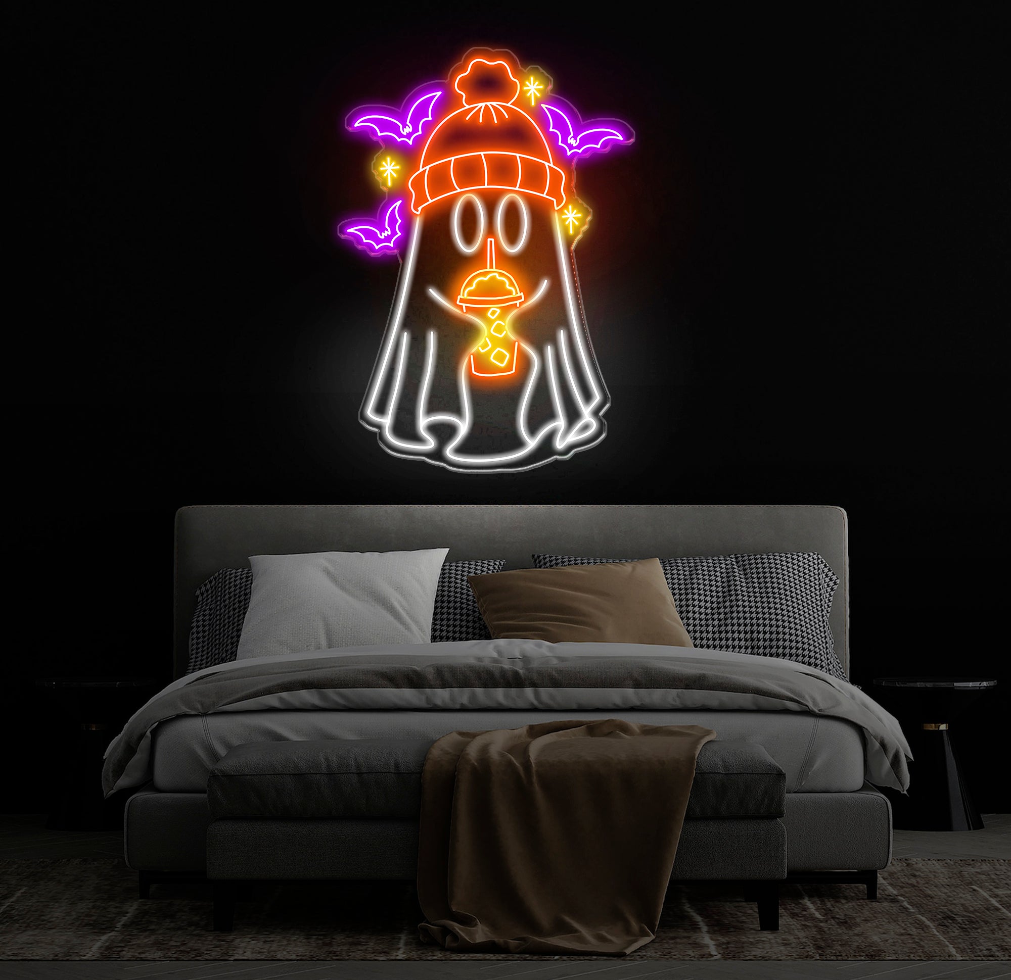 Ghost Coffee Neon Sign, Spooky Boo Sign, Ghost with Coffee LED Light, Spooky Wall Art, Ghost Drinking Coffee Sign, Fall Coffee Lover LED