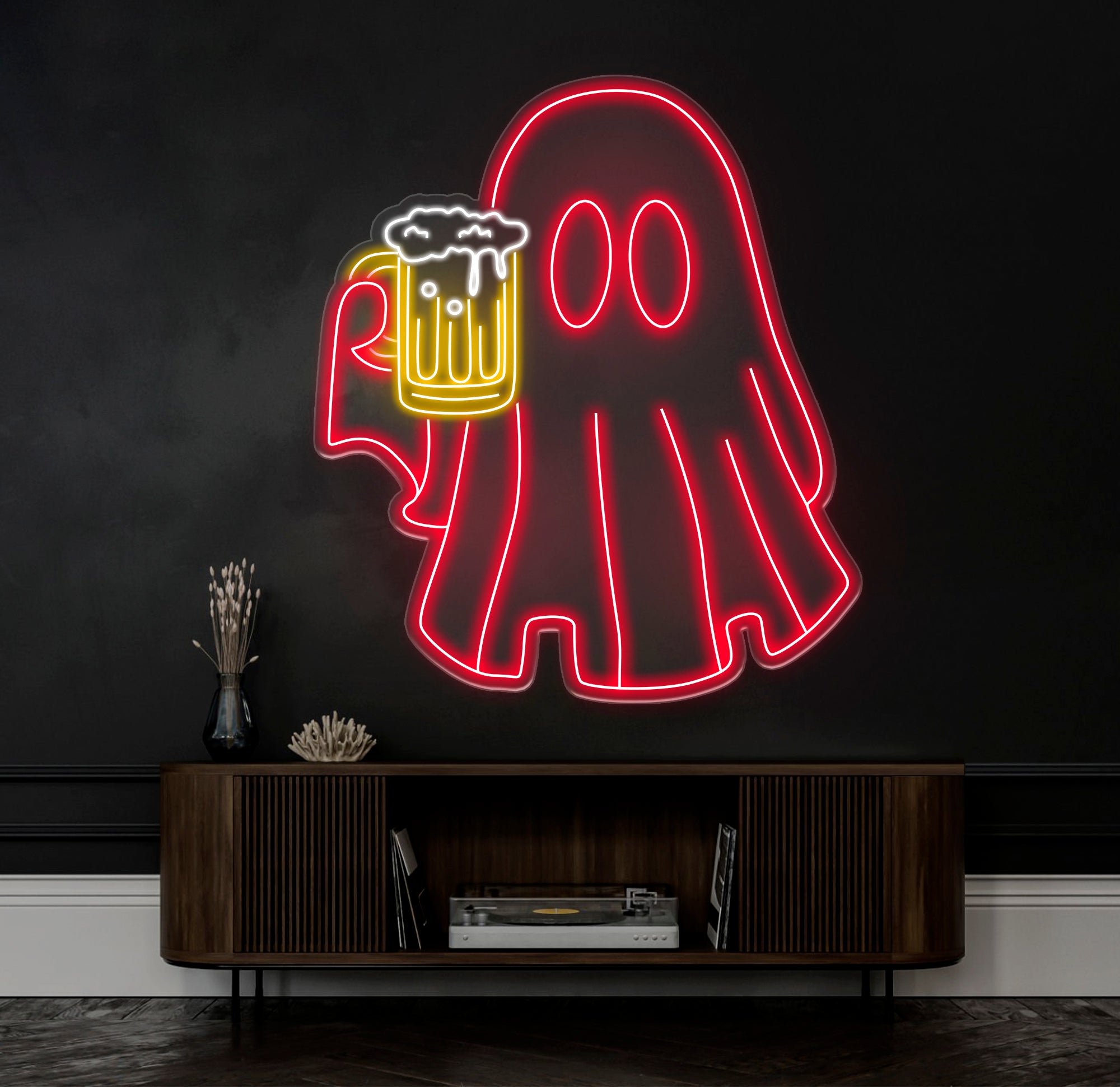 Beer Ghost Neon Sign - Bar Neon LED Sign, Beer Lover Pub Decor, Welcome Sign for Men, Light Up Basement or Outdoor Bar, Christmas Gifts