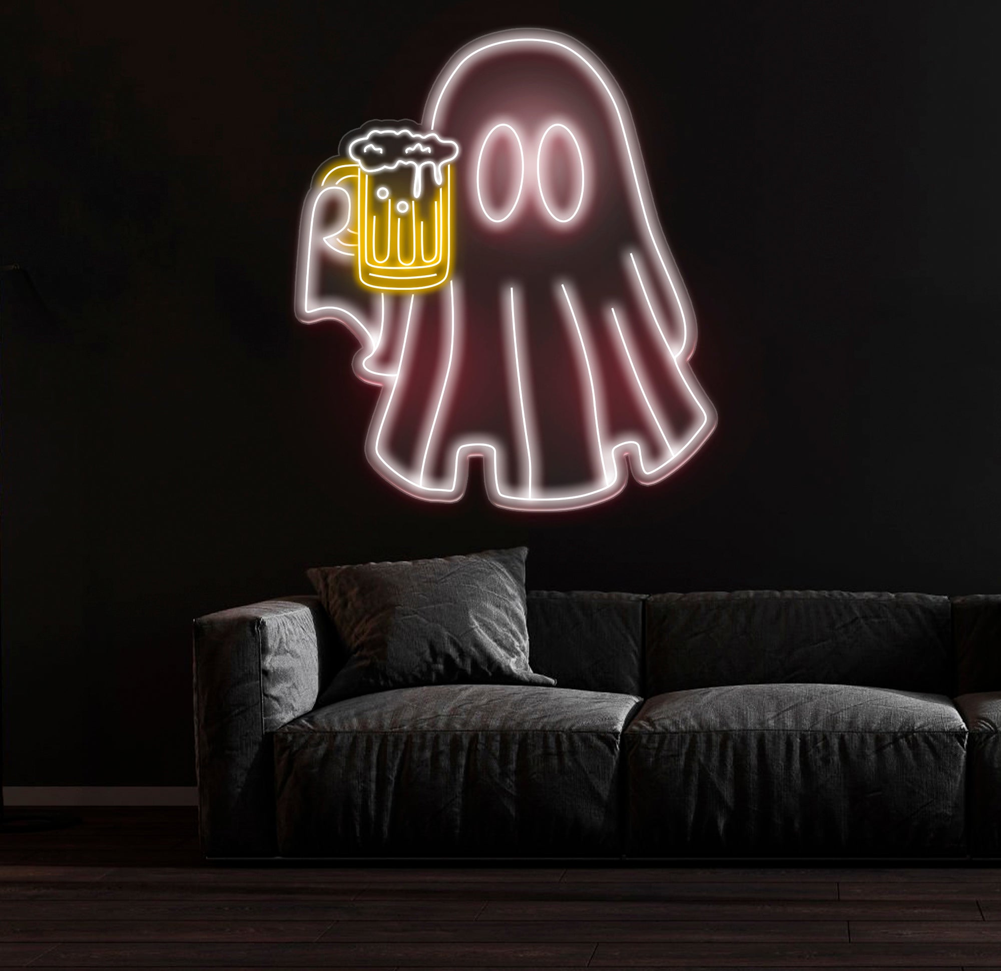 Beer Ghost Neon Sign - Bar Neon LED Sign, Beer Lover Pub Decor, Welcome Sign for Men, Light Up Basement or Outdoor Bar, Christmas Gifts