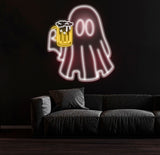 Beer Ghost Neon Sign - Bar Neon LED Sign, Beer Lover Pub Decor, Welcome Sign for Men, Light Up Basement or Outdoor Bar, Christmas Gifts