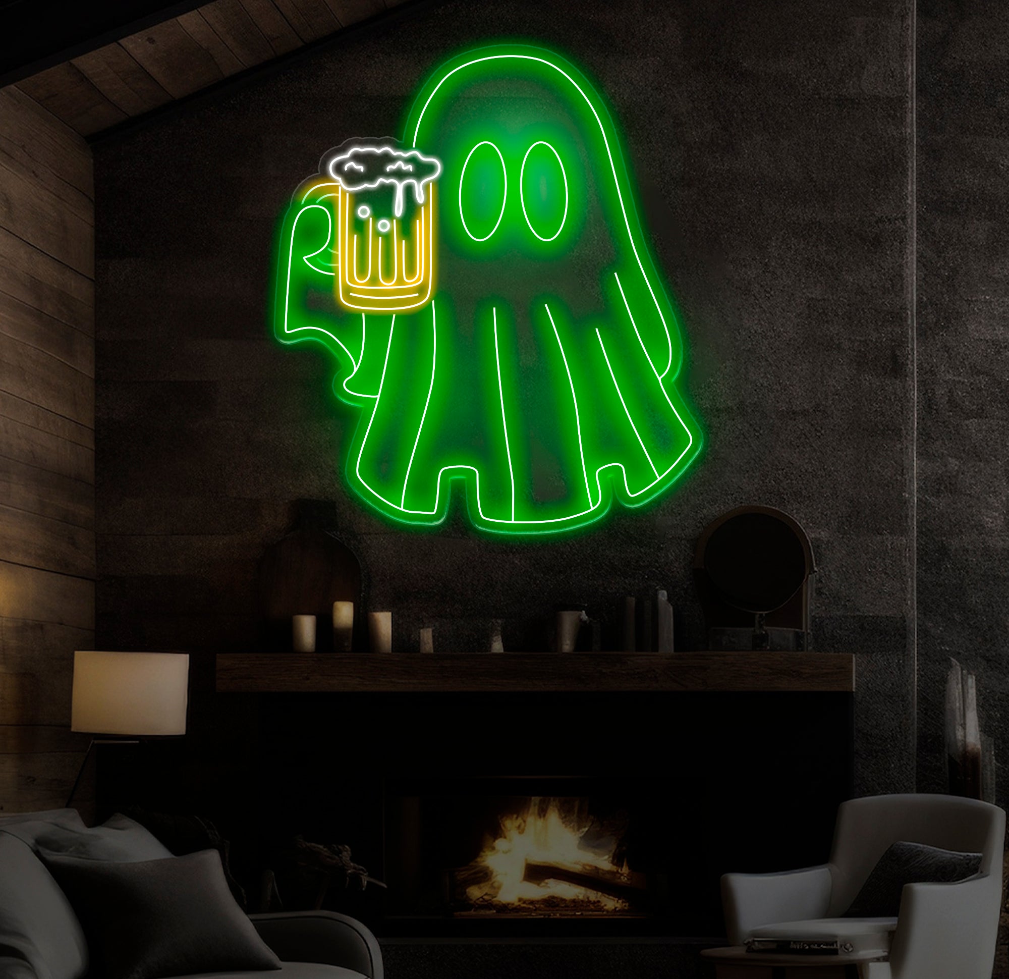 Beer Ghost Neon Sign - Bar Neon LED Sign, Beer Lover Pub Decor, Welcome Sign for Men, Light Up Basement or Outdoor Bar, Christmas Gifts