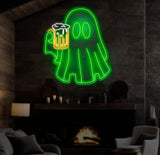 Beer Ghost Neon Sign - Bar Neon LED Sign, Beer Lover Pub Decor, Welcome Sign for Men, Light Up Basement or Outdoor Bar, Christmas Gifts