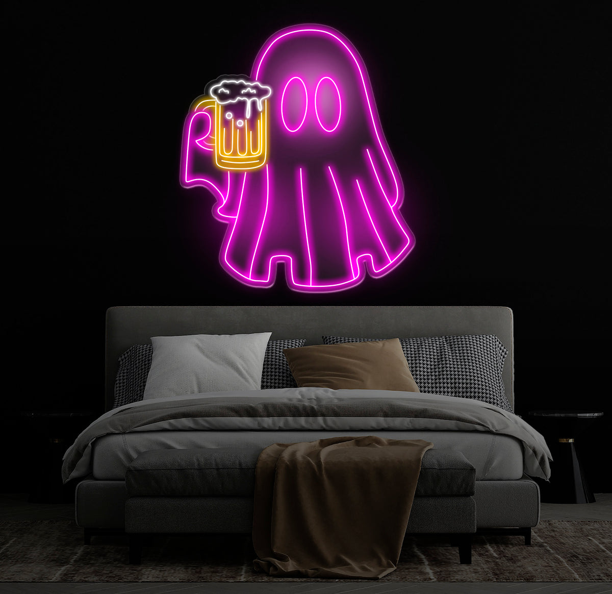 Beer Ghost Neon Sign - Bar Neon LED Sign, Beer Lover Pub Decor, Welcome Sign for Men, Light Up Basement or Outdoor Bar, Christmas Gifts