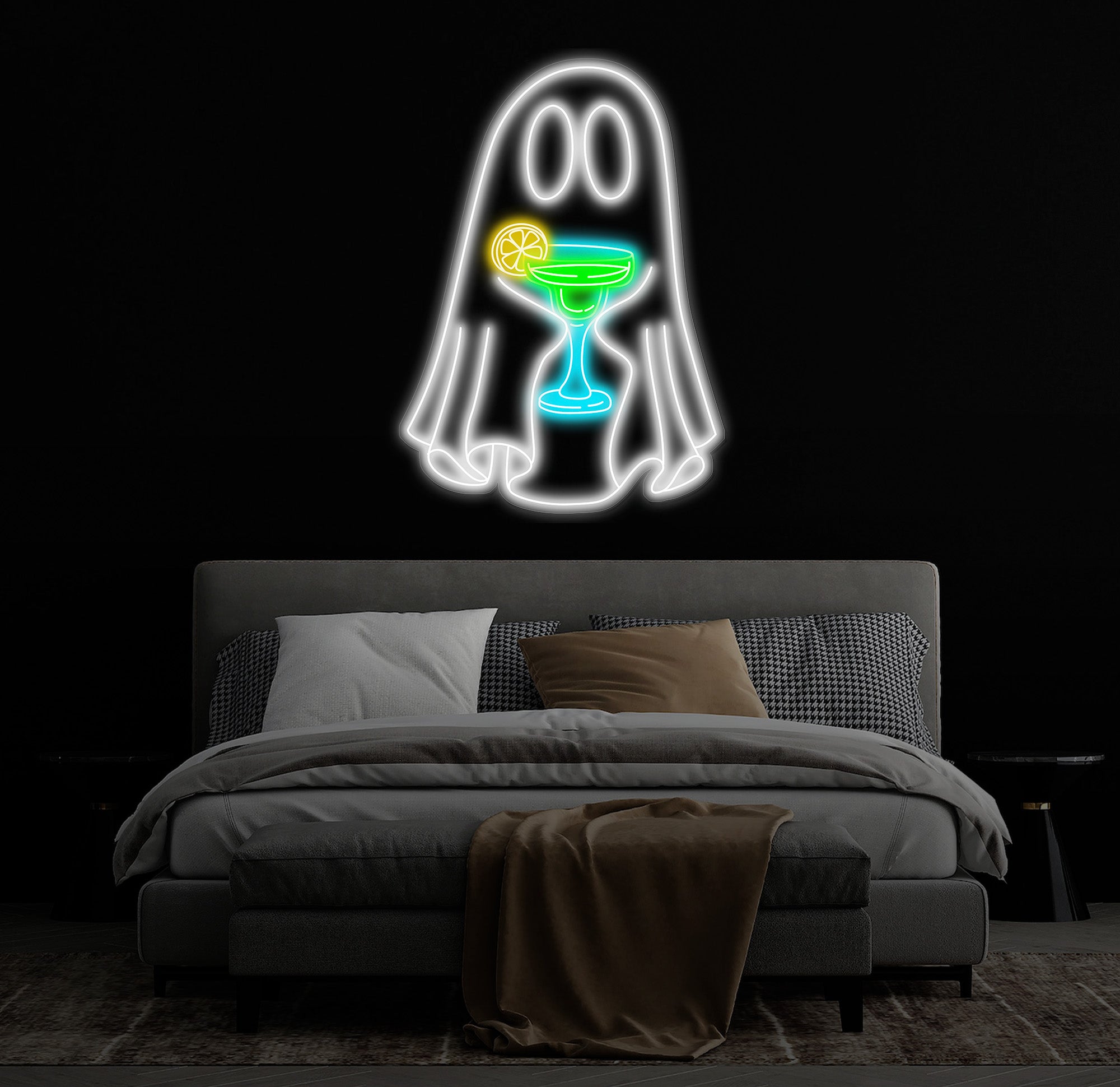 Ghost with Cocktail Neon Sign - Halloween Party Decor, Spooky Drink Wall Art, Custom Ghost Neon Light, Fun Halloween Bar or Home Decoration