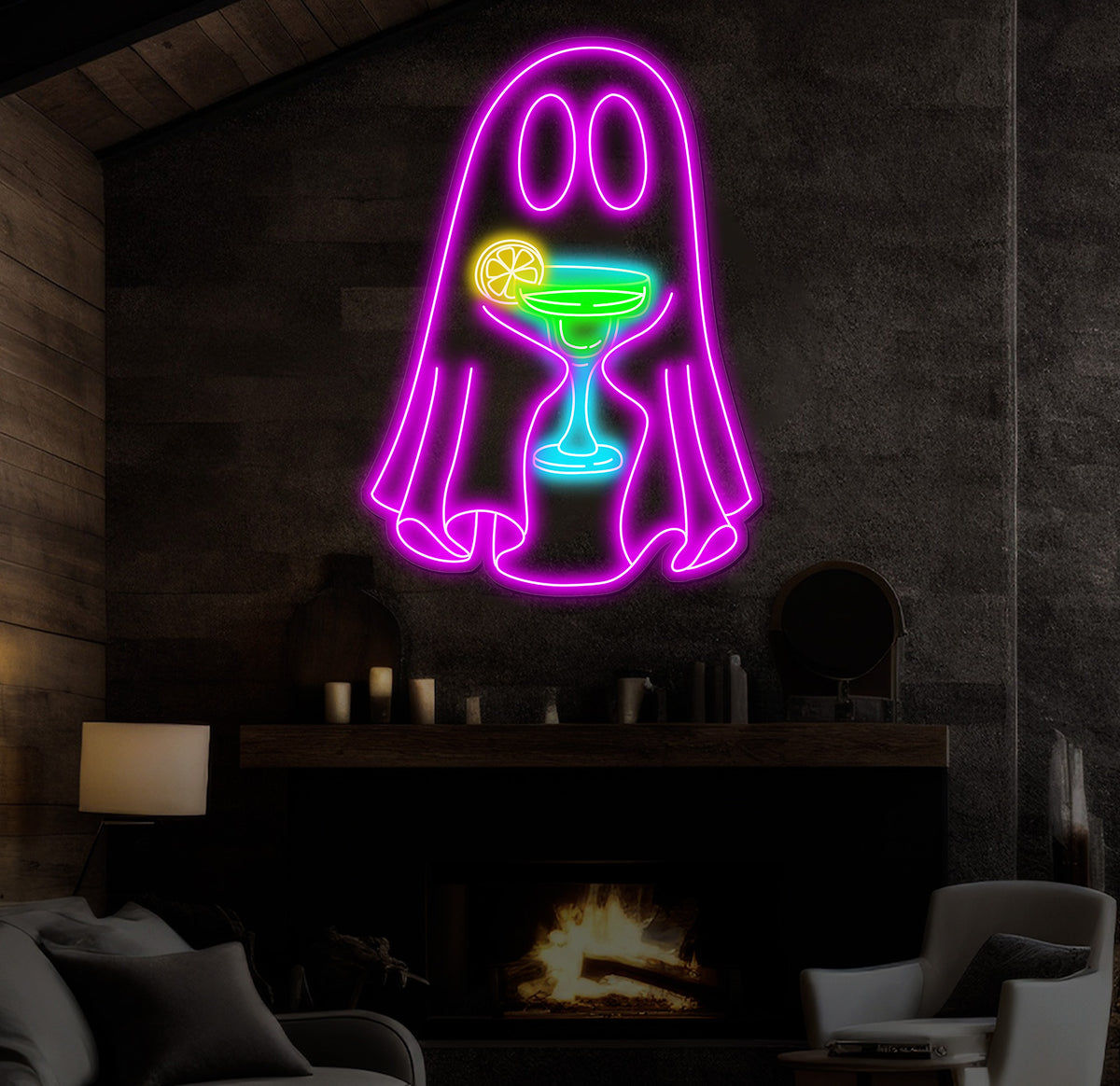 Ghost with Cocktail Neon Sign - Halloween Party Decor, Spooky Drink Wall Art, Custom Ghost Neon Light, Fun Halloween Bar or Home Decoration