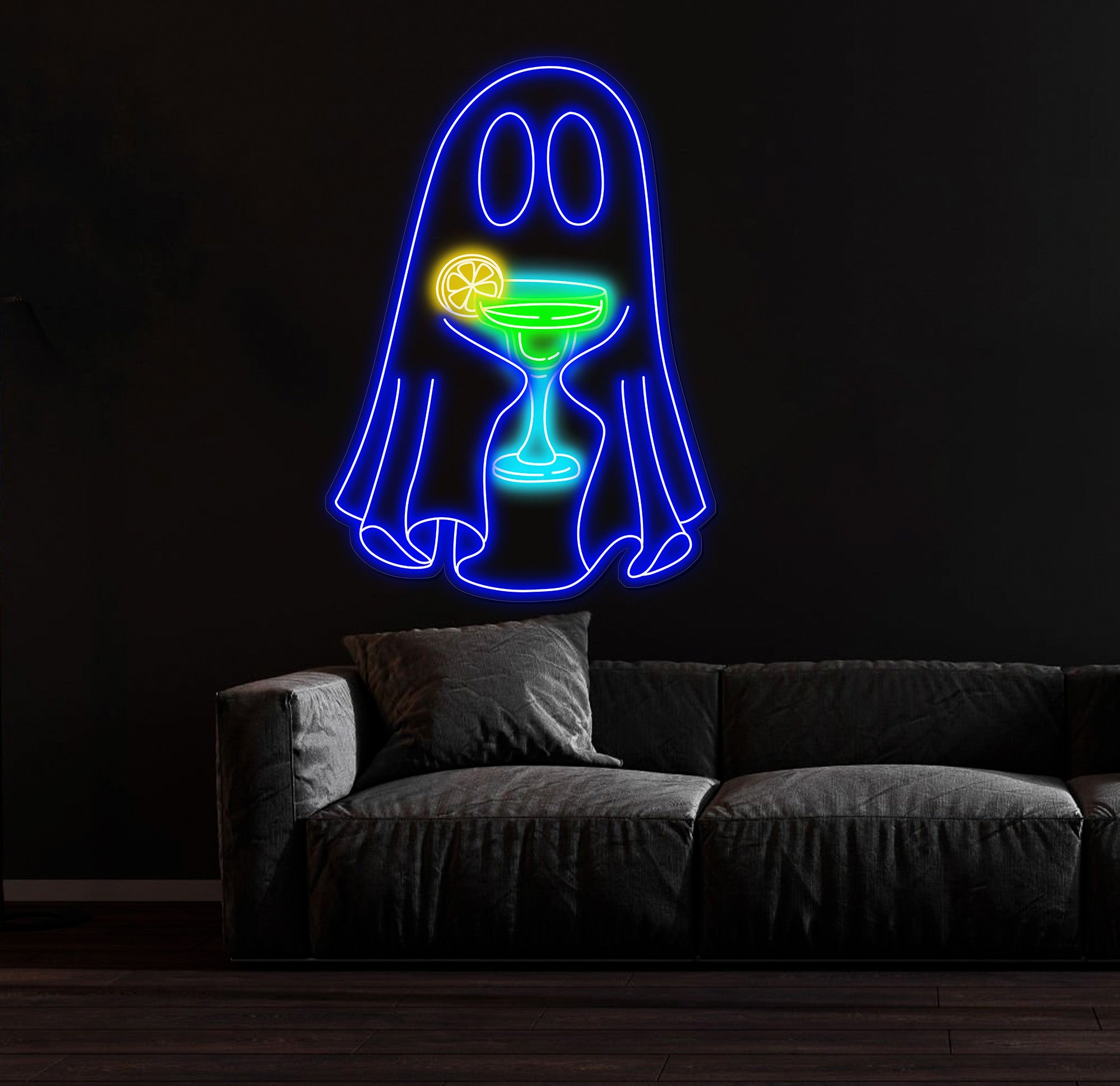 Ghost with Cocktail Neon Sign - Halloween Party Decor, Spooky Drink Wall Art, Custom Ghost Neon Light, Fun Halloween Bar or Home Decoration