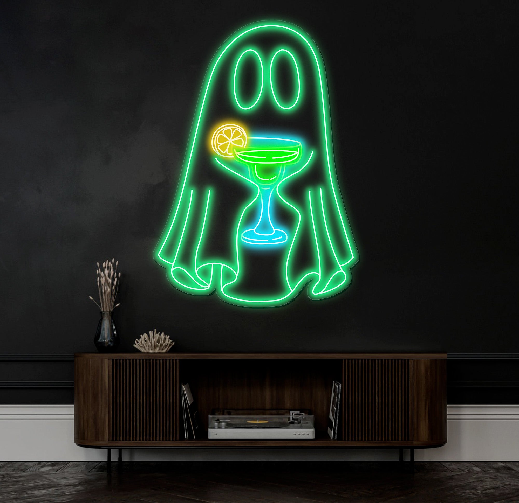 Ghost with Cocktail Neon Sign - Halloween Party Decor, Spooky Drink Wall Art, Custom Ghost Neon Light, Fun Halloween Bar or Home Decoration