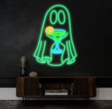 Ghost with Cocktail Neon Sign - Halloween Party Decor, Spooky Drink Wall Art, Custom Ghost Neon Light, Fun Halloween Bar or Home Decoration