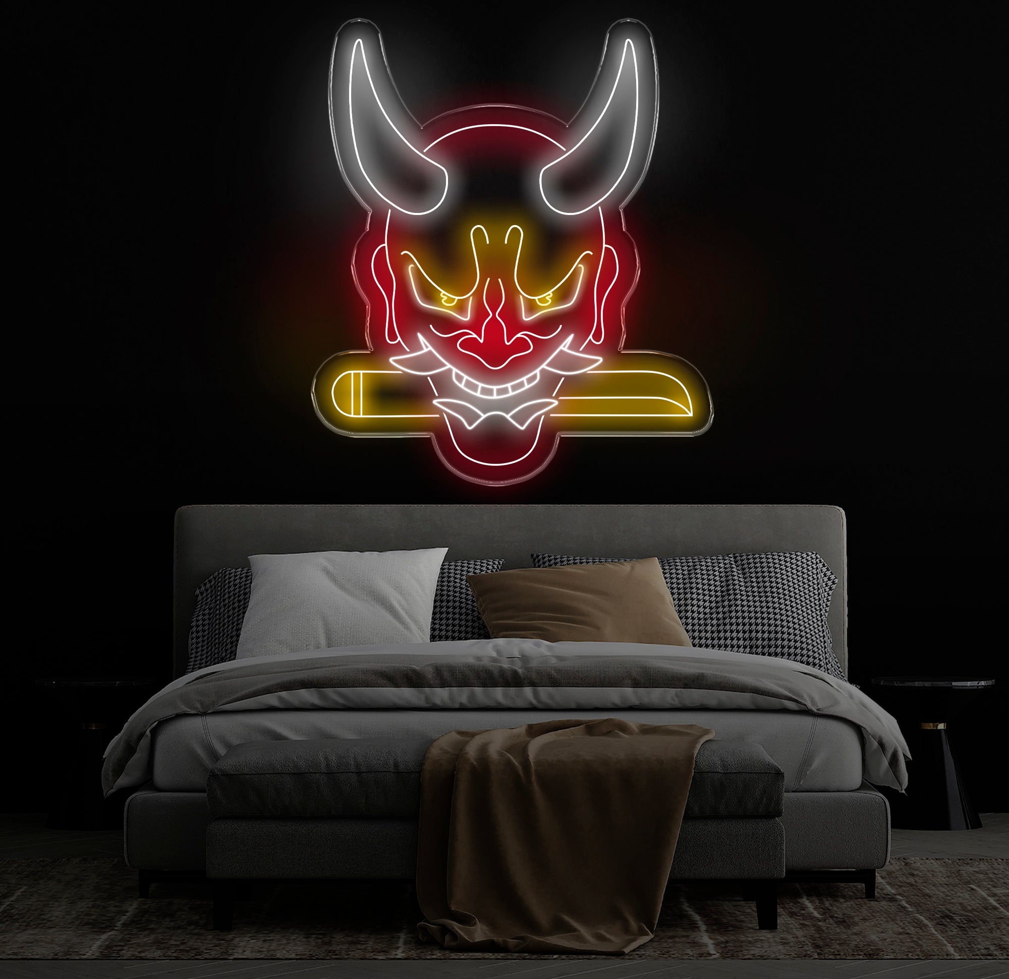 Oni Mask Neon Sign - Japanese Hannya Demon Mask, Samurai Wall Art, Custom Japanese Neon Decor, Hannya Mask LED Light, Anime Neon Sign