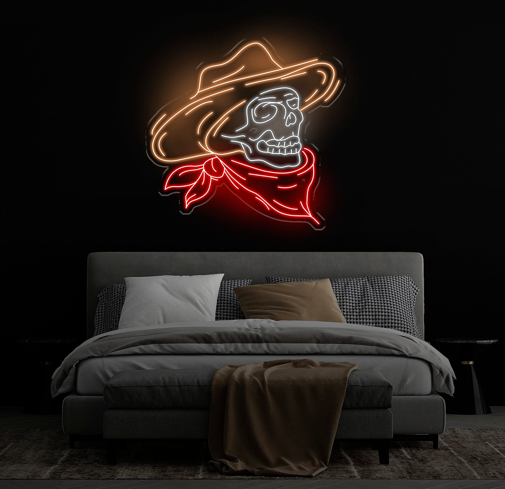 Cowboy Skeleton Neon Sign - LED Skeleton Light, Grim Reaper Art, Halloween Decor, Horror House Wall Art, Custom Home Neon Decoration
