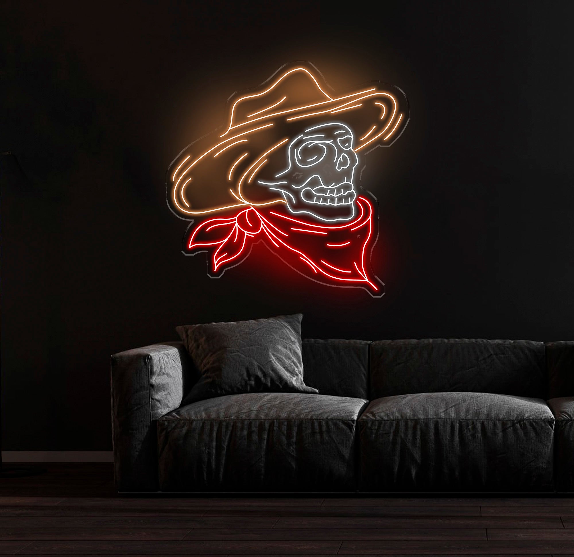 Cowboy Skeleton Neon Sign - LED Skeleton Light, Grim Reaper Art, Halloween Decor, Horror House Wall Art, Custom Home Neon Decoration
