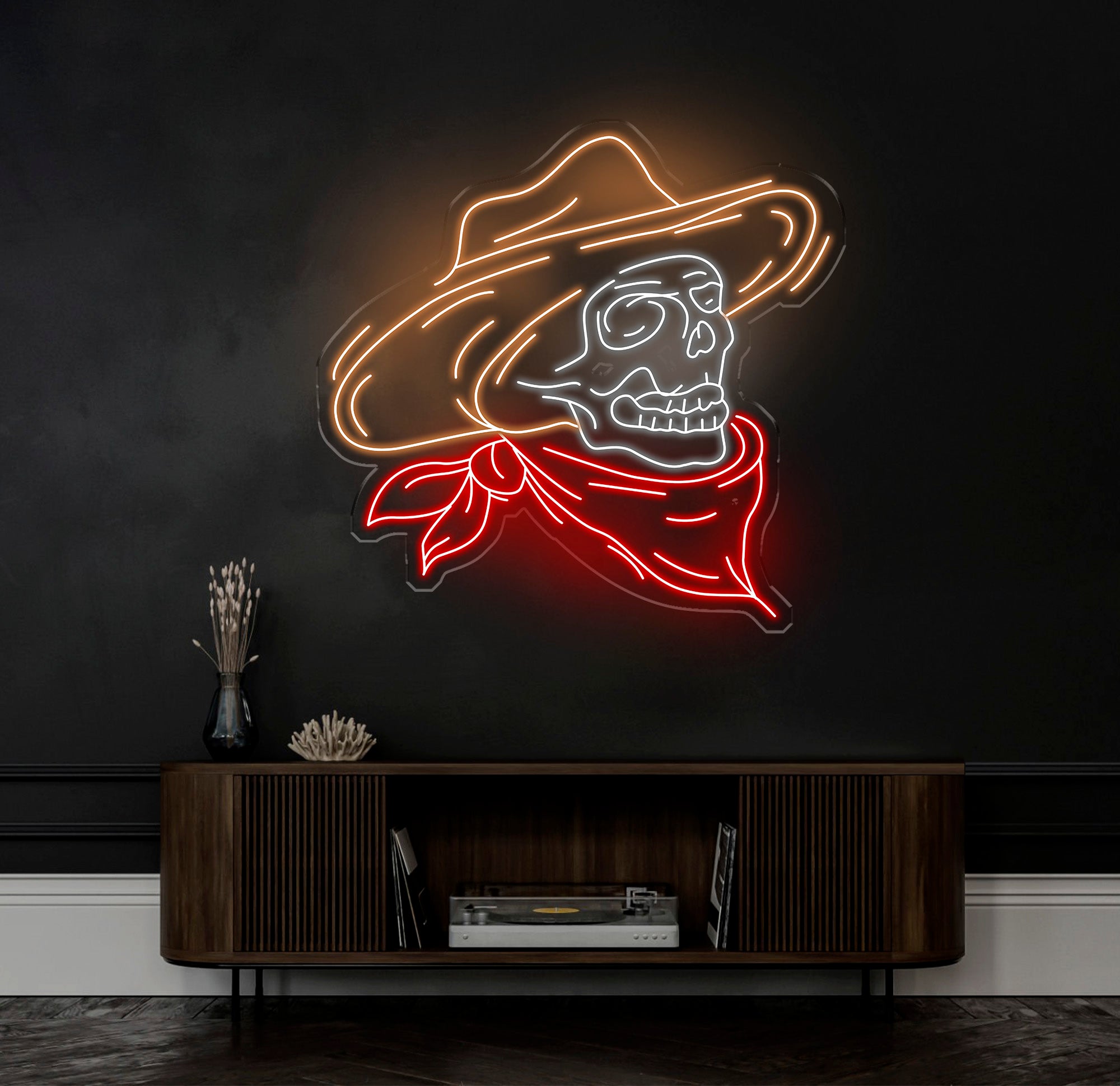 Cowboy Skeleton Neon Sign - LED Skeleton Light, Grim Reaper Art, Halloween Decor, Horror House Wall Art, Custom Home Neon Decoration