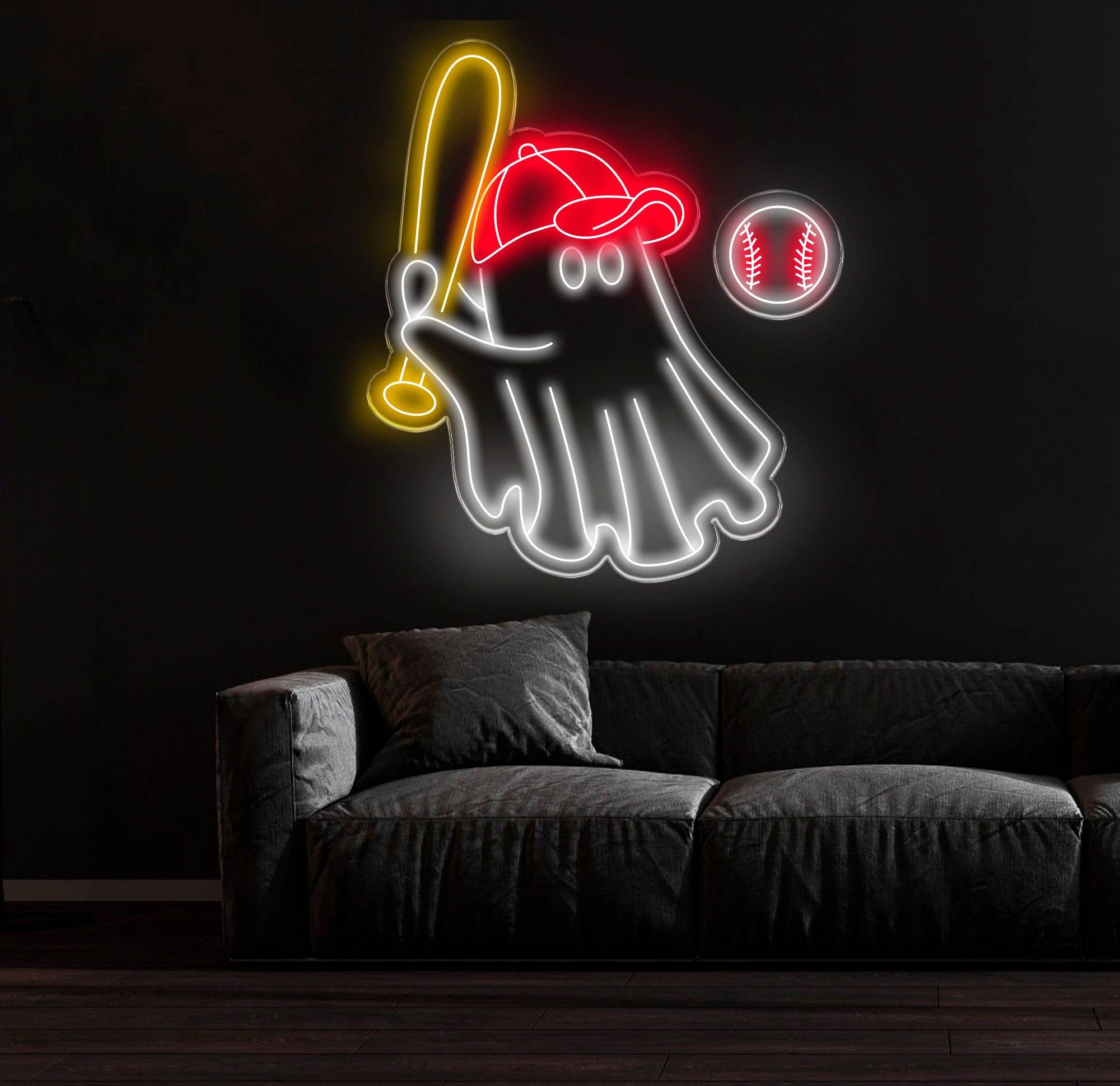 Baseball Ghost Neon Sign - Custom LED Wall Decor, Baseball Fan Gift, Sports Bar Light, Halloween Baseball Art, Unique Baseball Neon Light