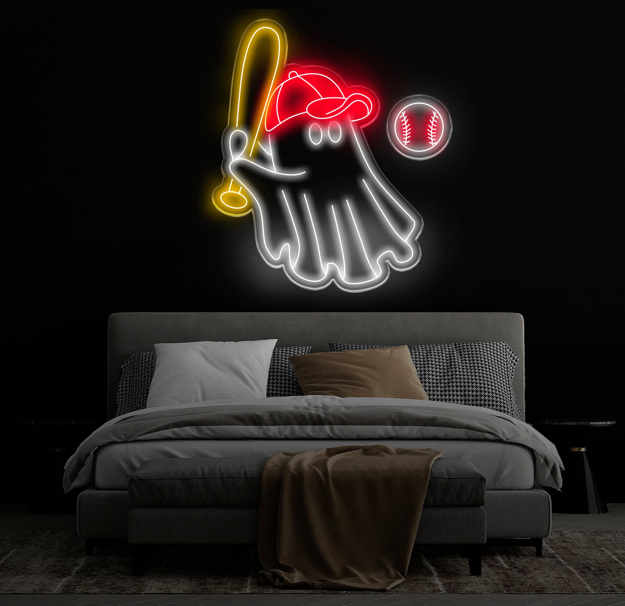 Baseball Ghost Neon Sign - Custom LED Wall Decor, Baseball Fan Gift, Sports Bar Light, Halloween Baseball Art, Unique Baseball Neon Light