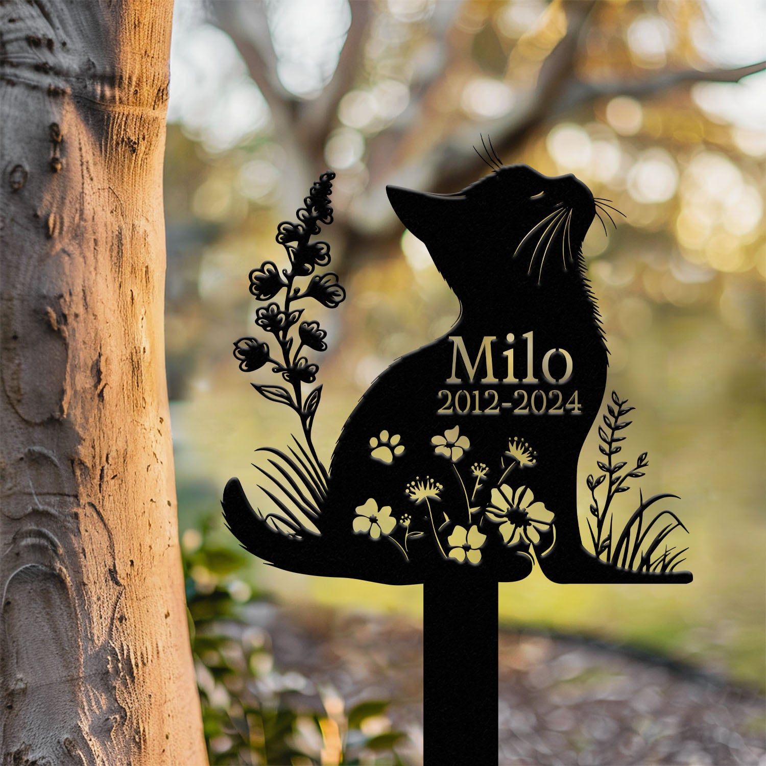 Personalized Cat Memorial Stake, Custom Metal Grave Marker with Flower, Cat Cemetery Stake, Loss of Cat Sympathy Gift, Cat Garden Decoration