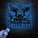 Custom Peeking Highland Cow Metal Sign with Led Light, Highland Cow Metal Wall Art, Personalized Peeking Highland Cow Farm, Farmhouse Decor