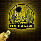 Cactus Desert Custom Metal Sign with LED Lights – Personalized Desert Cactus Wall Art – Southwest Desert Wall Decor for Patio