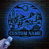 Cactus Desert Custom Metal Sign with LED Lights – Personalized Desert Cactus Wall Art – Southwest Desert Wall Decor for Patio
