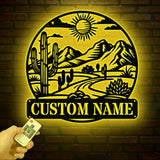 Cactus Desert Custom Metal Sign with LED Lights – Personalized Desert Cactus Wall Art – Southwest Desert Wall Decor for Patio