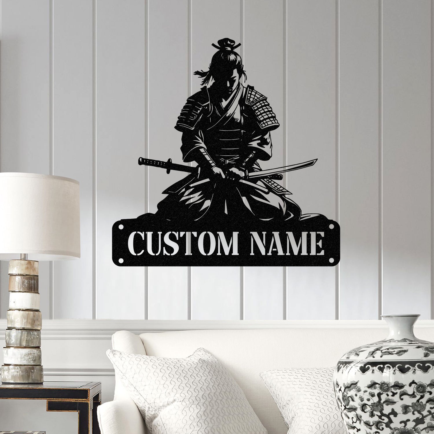 Custom Samurai Metal Wall Art with LED Lights, Personalized Japanese Warrior Silhouette Decor, Man Cave, Night Light, or Gift for Boyfriend