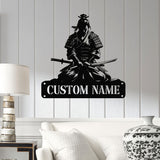 Custom Samurai Metal Wall Art with LED Lights, Personalized Japanese Warrior Silhouette Decor, Man Cave, Night Light, or Gift for Boyfriend