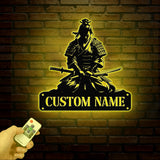 Custom Samurai Metal Wall Art with LED Lights, Personalized Japanese Warrior Silhouette Decor, Man Cave, Night Light, or Gift for Boyfriend