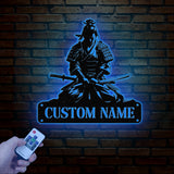Custom Samurai Metal Wall Art with LED Lights, Personalized Japanese Warrior Silhouette Decor, Man Cave, Night Light, or Gift for Boyfriend