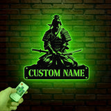 Custom Samurai Metal Wall Art with LED Lights, Personalized Japanese Warrior Silhouette Decor, Man Cave, Night Light, or Gift for Boyfriend