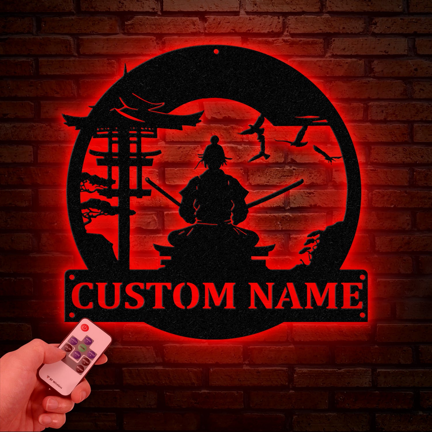 Custom Samurai Metal Wall Art with LED Lights, Personalized Japanese Warrior Silhouette Decor, Man Cave, Night Light, or Gift for Boyfriend