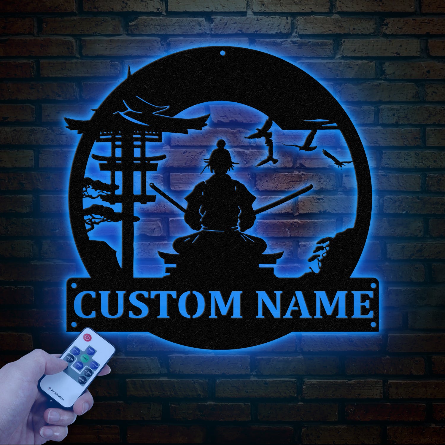 Custom Samurai Metal Wall Art with LED Lights, Personalized Japanese Warrior Silhouette Decor, Man Cave, Night Light, or Gift for Boyfriend