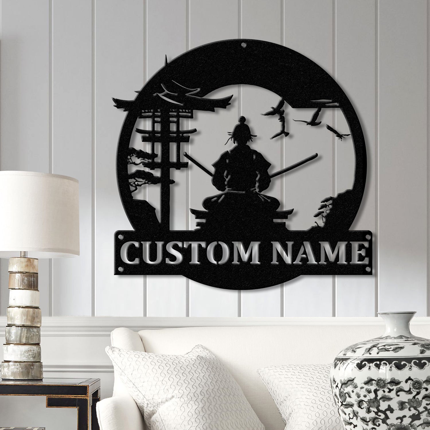 Custom Samurai Metal Wall Art with LED Lights, Personalized Japanese Warrior Silhouette Decor, Man Cave, Night Light, or Gift for Boyfriend