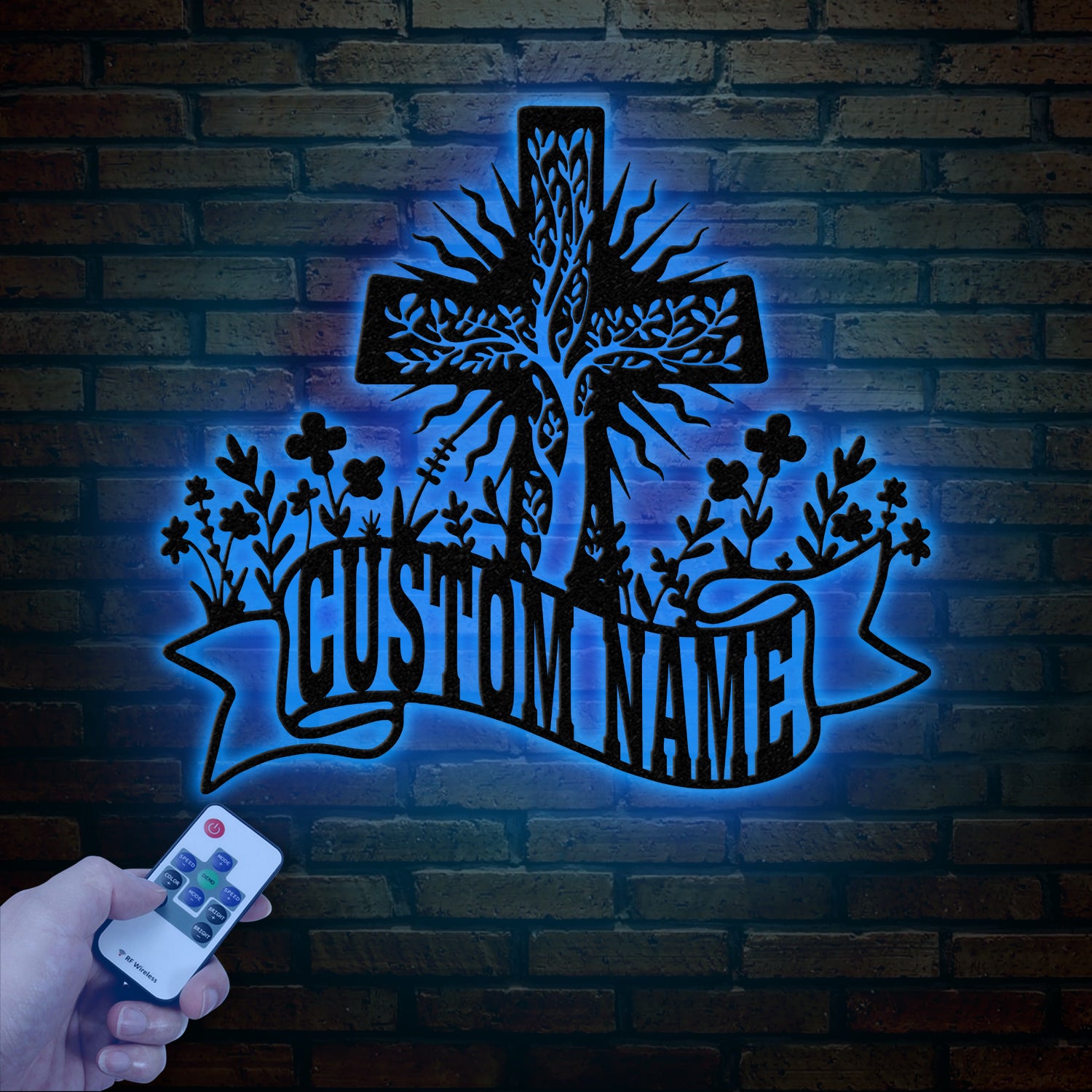 Personalized Floral Faith Cross Metal Sign, Custom Family Last Name Wall Art, Christian Front Door or House Decor, Cross Wall Art