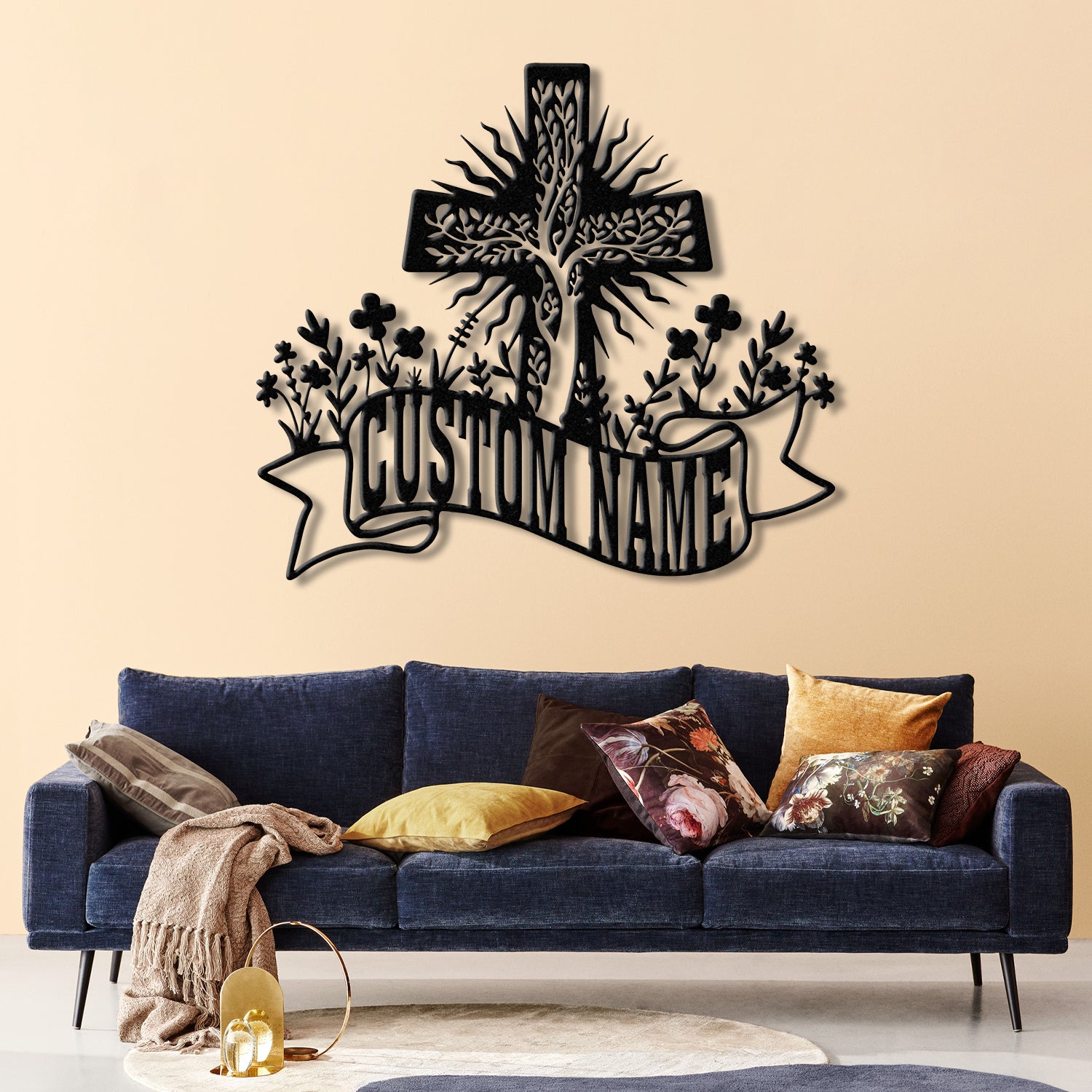 Personalized Floral Faith Cross Metal Sign, Custom Family Last Name Wall Art, Christian Front Door or House Decor, Cross Wall Art