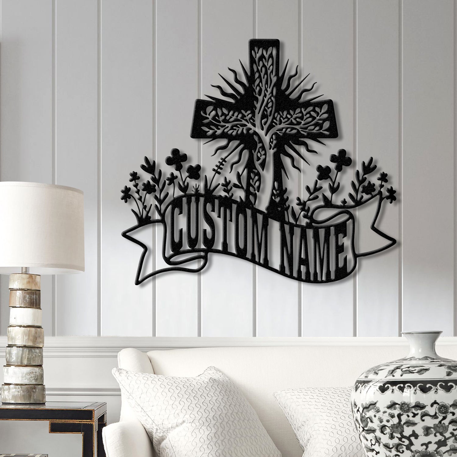 Personalized Floral Faith Cross Metal Sign, Custom Family Last Name Wall Art, Christian Front Door or House Decor, Cross Wall Art
