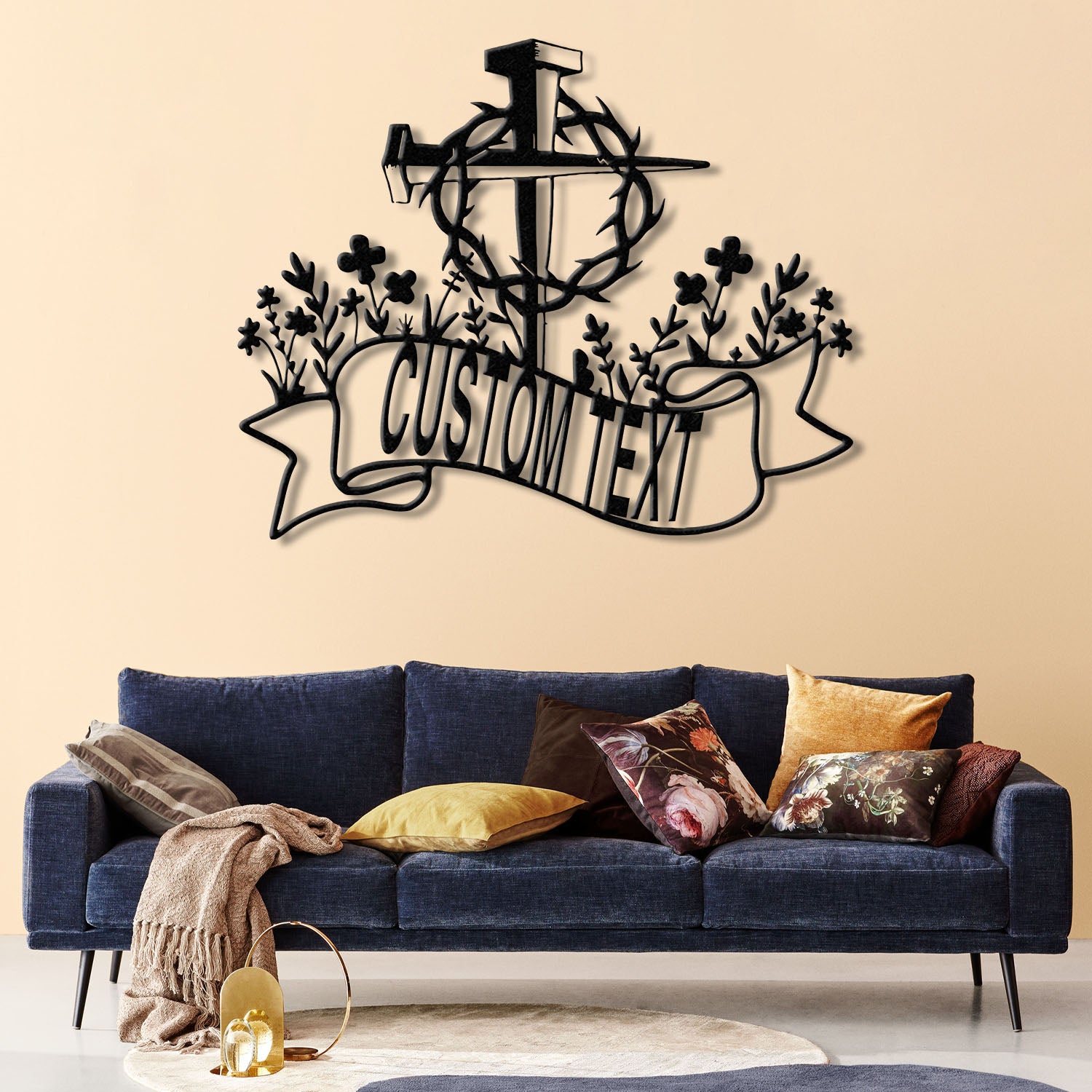 Personalized Floral Faith Cross Metal Sign, Custom Family Last Name Wall Art, Christian Front Door or House Decor, Cross Wall Art