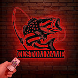 Custom US Flag Fishing Metal Sign with Led Lights, Fish name Sign, Personalized Fish Wall Art, Gift for Fisherman, Fishing Wall Decor,