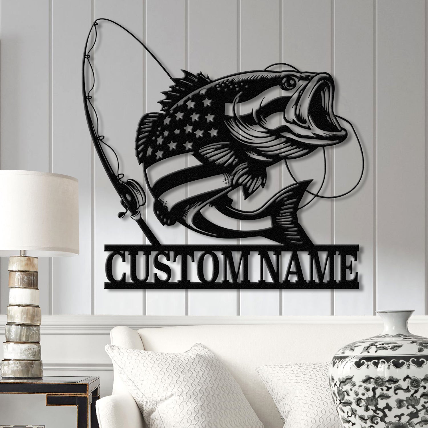 Custom US Flag Fishing Metal Sign with Led Lights, Fish name Sign, Personalized Fish Wall Art, Gift for Fisherman, Fishing Wall Decor,