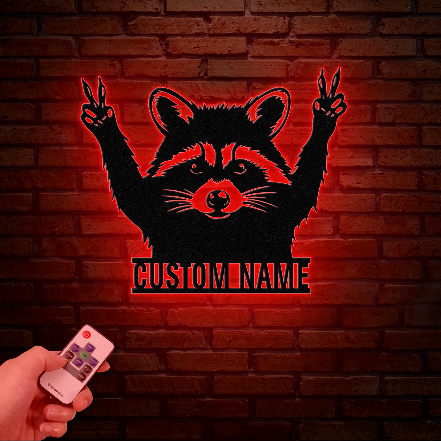 Custom Peace Hand Raccoon Metal Sign with Led Light, Personalized Raccoon Name Sign, Wall Decor for Cabin, Man Cave Decor