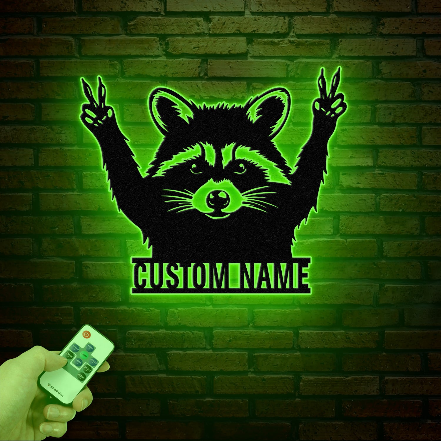 Custom Peace Hand Raccoon Metal Sign with Led Light, Personalized Raccoon Name Sign, Wall Decor for Cabin, Man Cave Decor