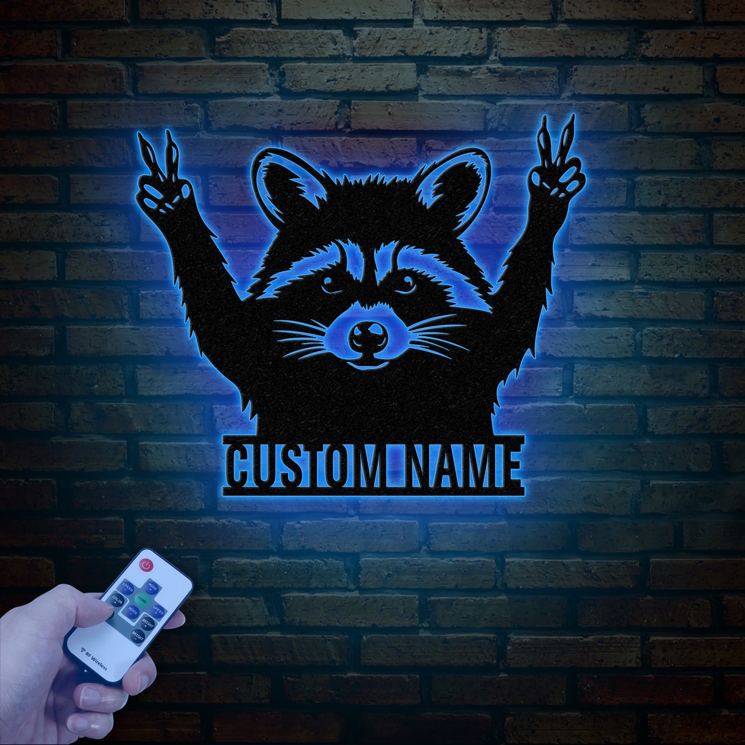 Custom Peace Hand Raccoon Metal Sign with Led Light, Personalized Raccoon Name Sign, Wall Decor for Cabin, Man Cave Decor