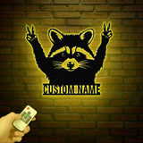 Custom Peace Hand Raccoon Metal Sign with Led Light, Personalized Raccoon Name Sign, Wall Decor for Cabin, Man Cave Decor