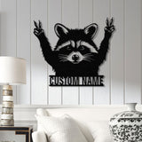 Custom Peace Hand Raccoon Metal Sign with Led Light, Personalized Raccoon Name Sign, Wall Decor for Cabin, Man Cave Decor