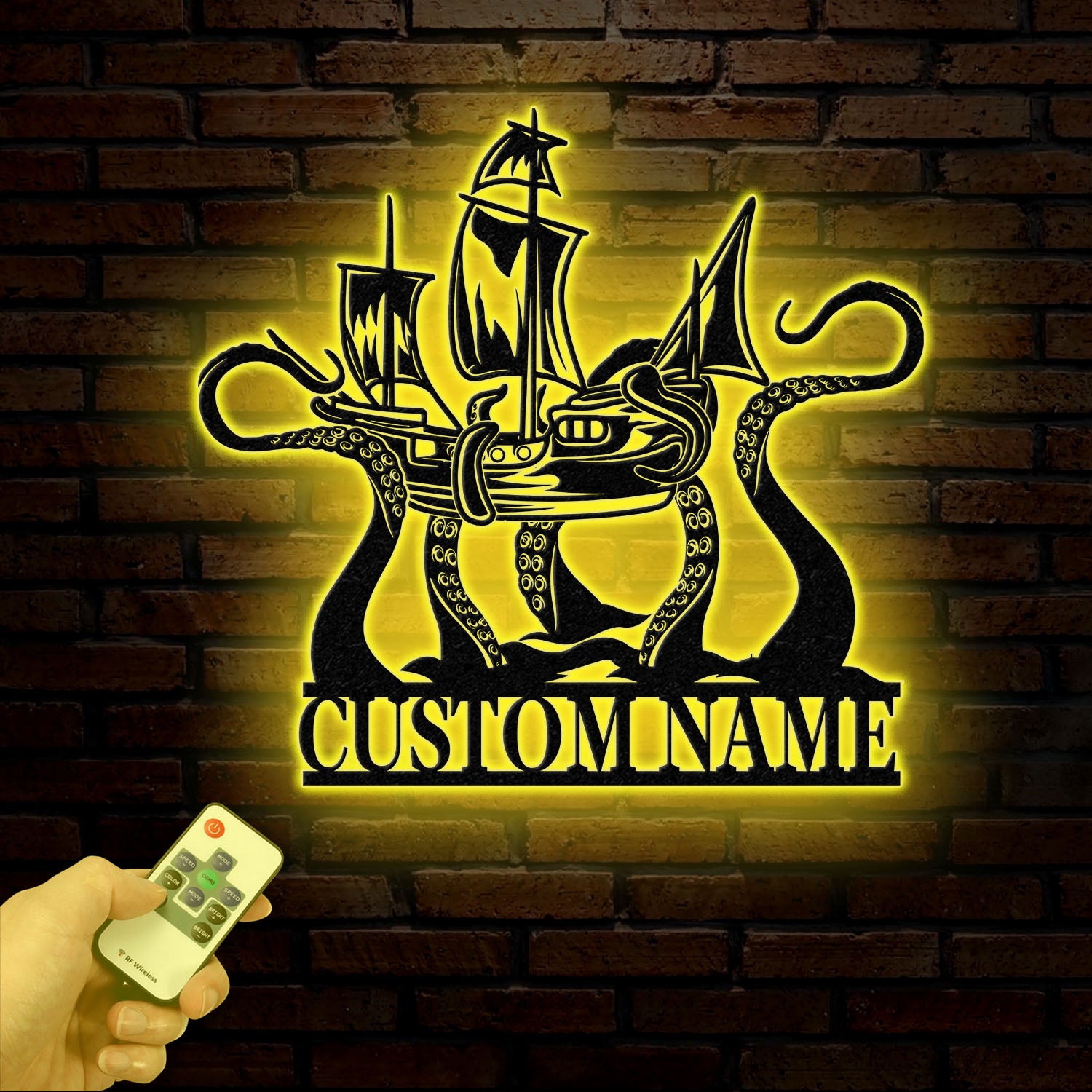 Custom Ship Octopus Metal Wall Art with LED Light – Personalized Kraken Octopus Name Sign – Ocean Sea Monster Decoration Gift