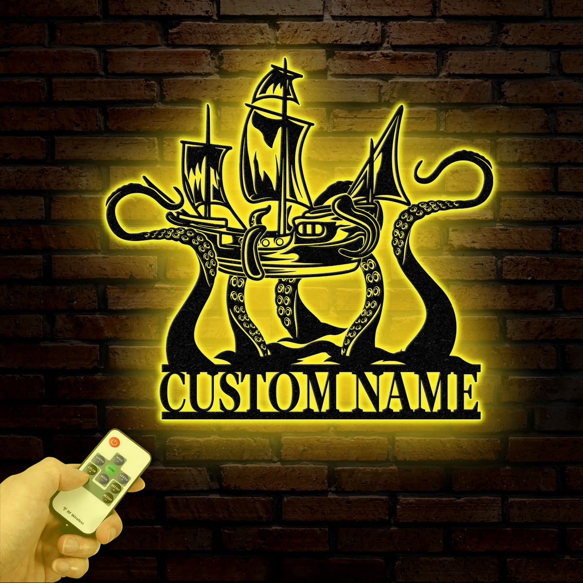 Custom Ship Octopus Metal Wall Art with LED Light – Personalized Kraken Octopus Name Sign – Ocean Sea Monster Decoration Gift