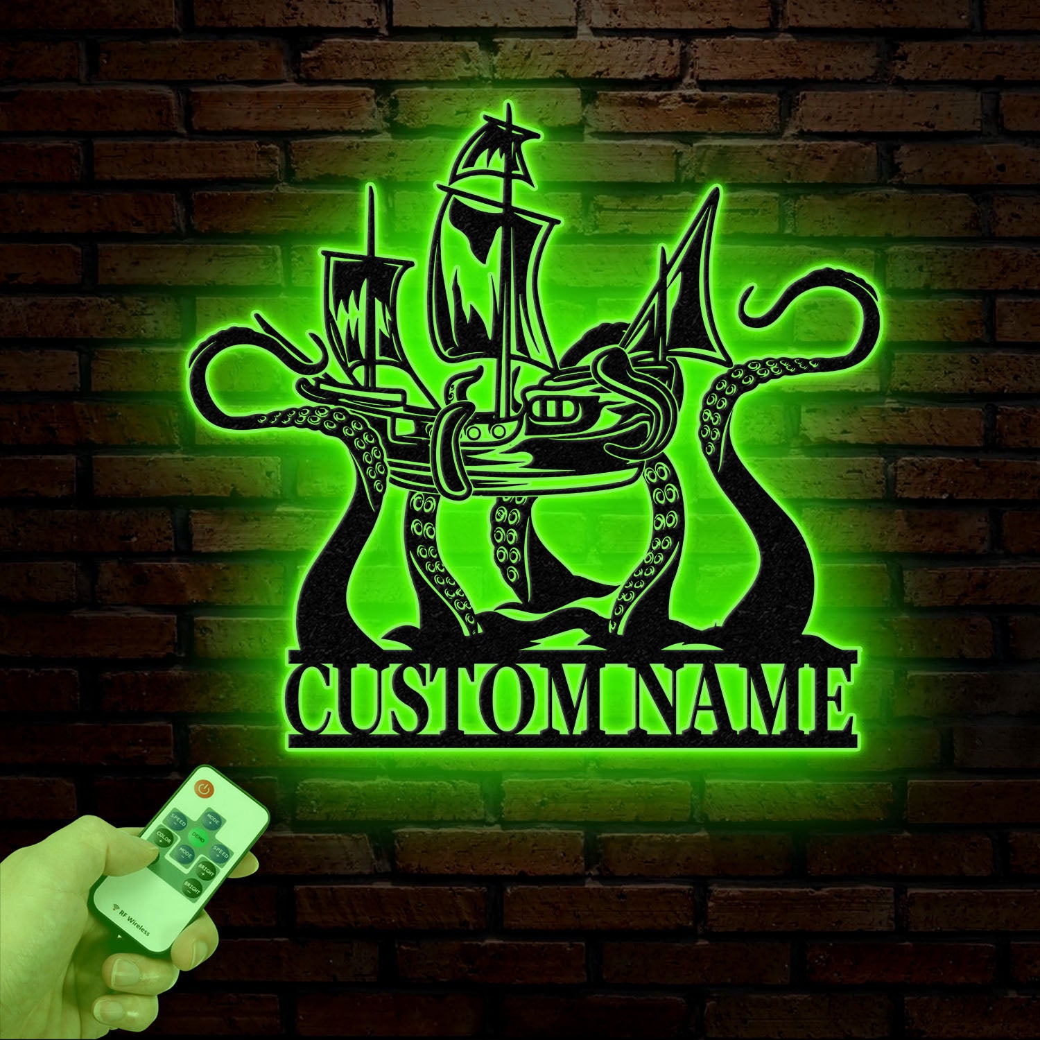 Custom Ship Octopus Metal Wall Art with LED Light – Personalized Kraken Octopus Name Sign – Ocean Sea Monster Decoration Gift