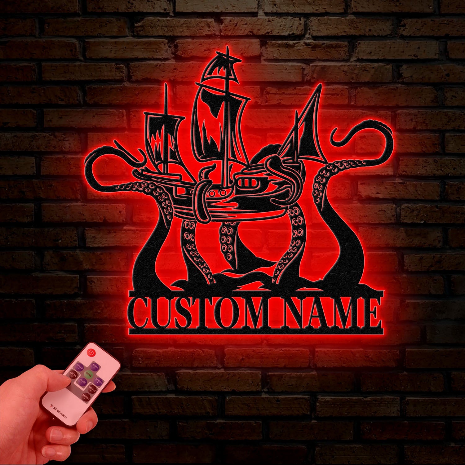 Custom Ship Octopus Metal Wall Art with LED Light – Personalized Kraken Octopus Name Sign – Ocean Sea Monster Decoration Gift