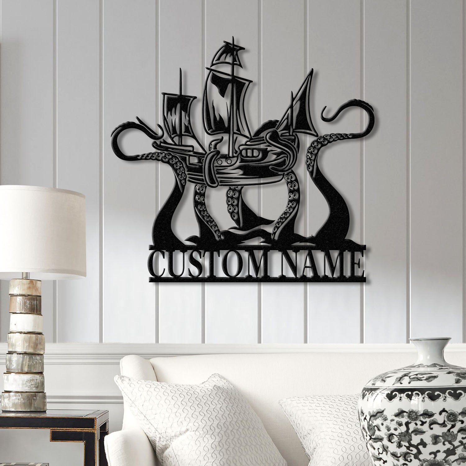 Custom Ship Octopus Metal Wall Art with LED Light – Personalized Kraken Octopus Name Sign – Ocean Sea Monster Decoration Gift