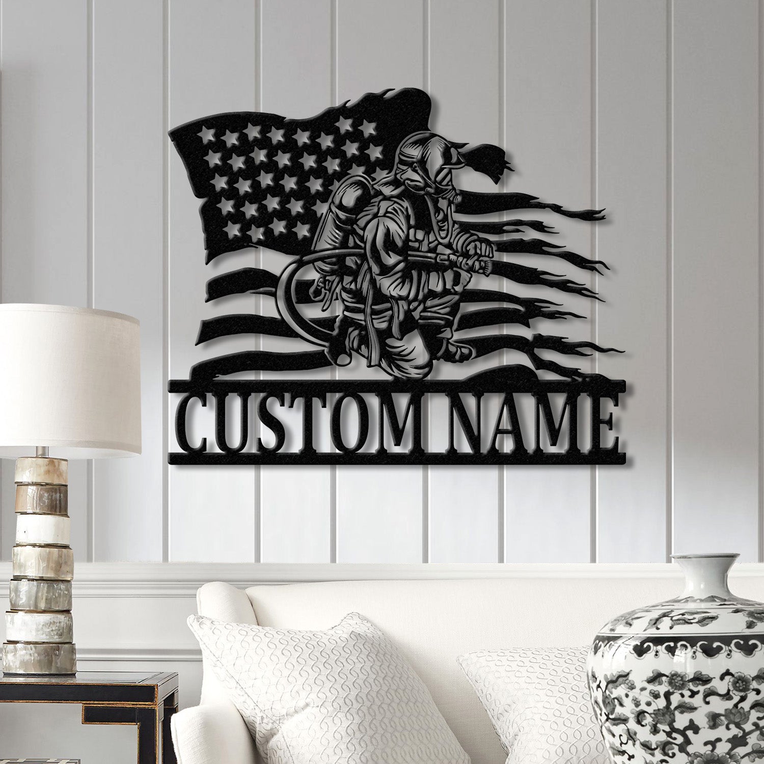 Custom Firefighter US Flag Metal Wall Art with LED Light, Personalized Fireman Name Sign, Fire Department Decor for Home, Birthday, or Xmas