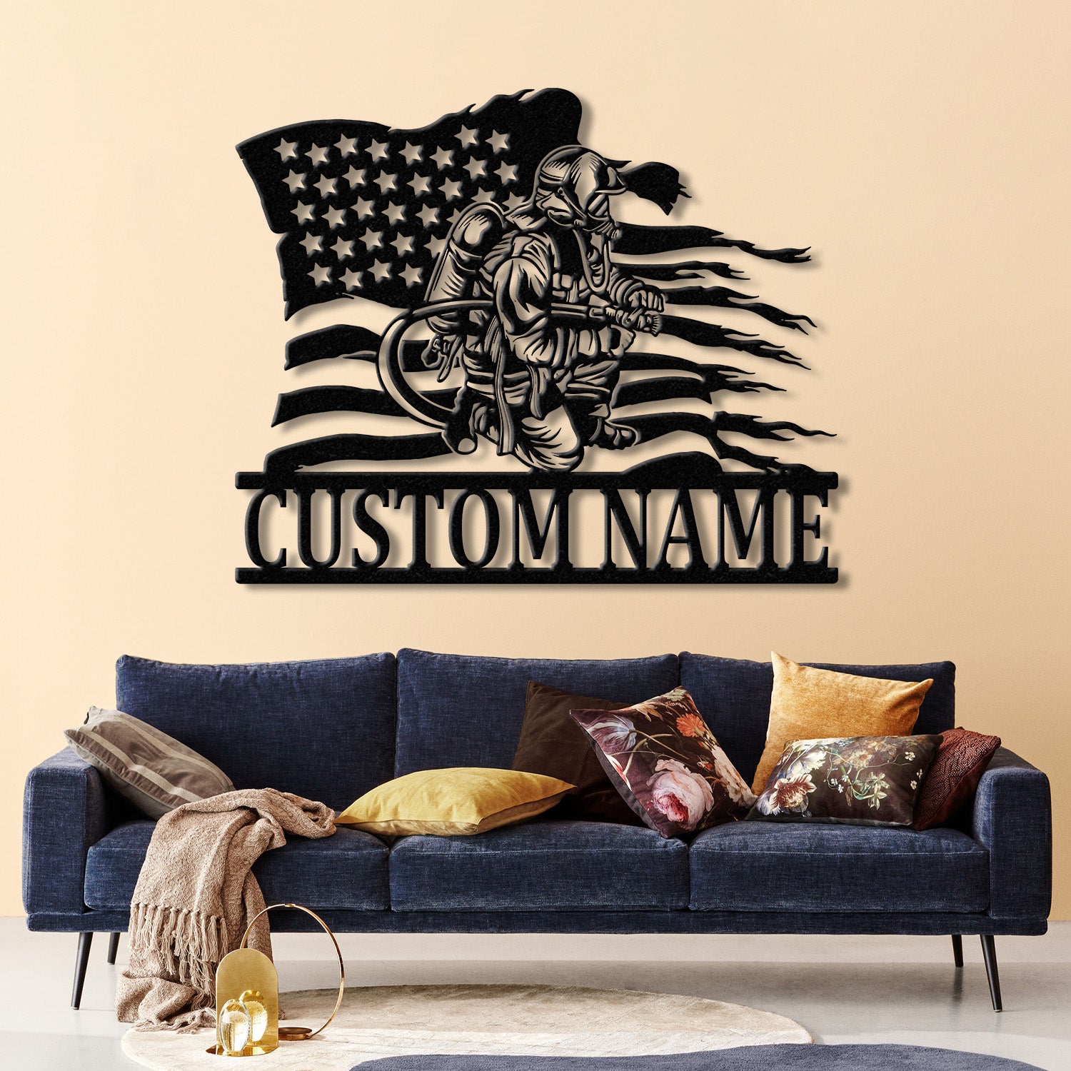 Custom Firefighter US Flag Metal Wall Art with LED Light, Personalized Fireman Name Sign, Fire Department Decor for Home, Birthday, or Xmas